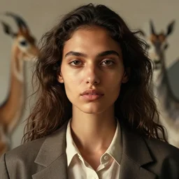 detailed portrait in femininity, realistic face sculpted features, ethnic, exotic, deep clear eyes, statuesque, gazelle, warm glowing skin, wild hair, collared shirt, structured jacket, chiaroscuro, tangible, angular impressionism, ambient morning light, arabesque backdrop, contemporary, modern fashion, natural colors