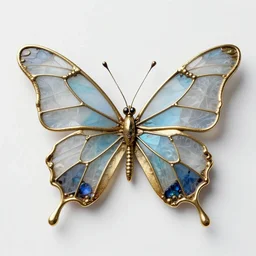 a steampunk style butterfly with wings made from translucent stained glass and a delicate gold polished metal frame