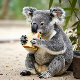a koala on a beach eating a sandwich