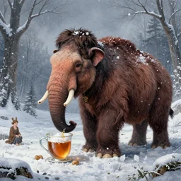 a woolly mammoth imbibes sacred mead among mysterious snowflakes. a surrealist mental landscape by hieronymus bosch, cyril rolando, esher and natalie shau, whimsical, profound, impossible. trending on devaintart.