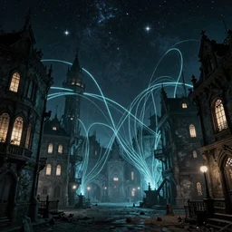 An 18th century lovecraftian gothic city at night with a star filled sky. Huge luminescent cables are emerging from the ground and penetrating buildings' windows. Low angle shot, wide shot.