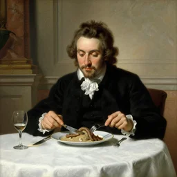 baroque oil painting handsome aristocrat in elegant black suit eating dish with sandworm from dune using knife and fork in restaurant, painted by peter paul rubens, marble interior, soft studio lighting, elegant, morandi color scheme, white embroidered tablecloth, wine glass, baroque style, 8 k resolution