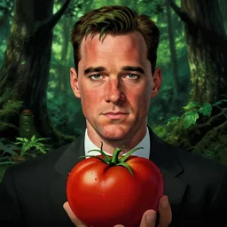 forest gump starring tom hank sas a tomato, his skin is red with leafy green hair, pickle rick animation character, dramatic lighting, tom hanks tomato face, shaded lighting poster by magali villeneuve, artgerm, jeremy lipkin and michael garmash, rob rey and kentaro miura style