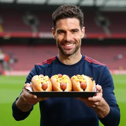 a promo portrait of mikel arteta holding a plate of hot dogs up to the camera, happy,