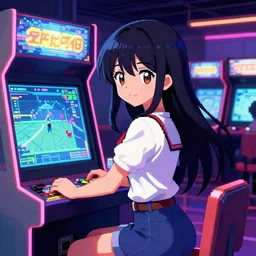 anime girl, fantastic lighting, arcade, videogame, pixel art, high detail, 1 6 bits, 2 d
