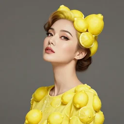 the portrait of an absurdly beautiful, graceful, elegant, sophisticated, mature vixen made up of lemons looking up, an ultrafine hyperdetailed illustration by kim jung gi, irakli nadar, intricate linework, bright colors, octopath traveler, final fantasy, unreal engine 5 highly rendered, global illumination, radiant light, detailed and intricate environment
