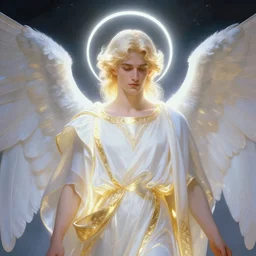Portrait of a glowing male angel, white light halo, white and gold robes, peaceful expression, by Artgerm, by Albert Edelfelt, matte painting, trending on Artstation
