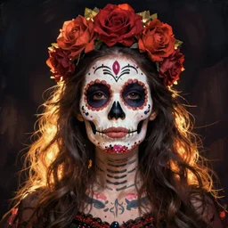 Illustration of a sugar skull day of the dead girl, art by roger dean