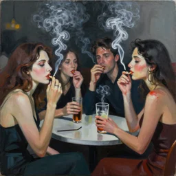 an abstract painting of nicotine smoke consuming party guests, modern, consuming guests, pain, artistic