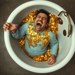 an overhead view of a man laughing hysterically who is covered with gold coins and is lying in an antique clawfoot bathtub filled with gold coins