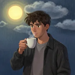 portrait of a ( ( ( taza de cafe ) ) ), ( ( guapo joven espanol cansado ) ), lluvia y nubes y magia, el sol, concept character, by greg rutowski and tezuka and oi and mucha and bierstadt and remington, trending on artgem, behance