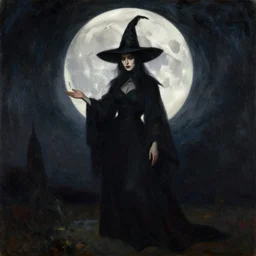 surrealism, abstract, a dark witch in front of the full big moon, painting by gaston bussiere, craig mullins, j. c. leyendecker