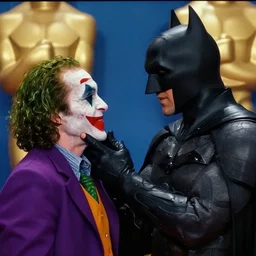 TV screen grab of The slap scene from the 94th Academy Awards where Batman (played by Will Smith) slaps The Joker (played by Chris Rock)