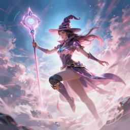 A witch wielding a futuristic power staff, digital apex legends illustration portrait, gorgeous lighting, wide angle action dynamic portrait, perspective shot, art by Nick Sullo, Pink and blue palette,