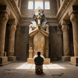 the man knelt before the colossal statue at the back of the great temple of amunabi. sunbeams streamed in through large windows near the ceiling. the room was vast and filled with ornate structures from long ago. shadows and limestone on the floor
