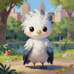 a cute chibi harpy completely covered in feathers is standing in anime scenery central park new york. trending on pixiv. trending on artstation. a vibrant digital oil painting. a highly detailed drawing of a character portrait by terese nielsen and edvard picasso guay