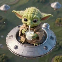 high angle shot, birds eye view, hyperdetailed masterpiece concept art of Yoda drinking yogurt sitting on an UFO, 4k Detailed Matte Illustration trending on ArtStation