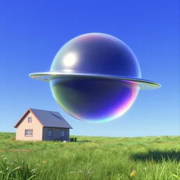 an orb flying over a house in a meadow with blue sky. slick, futuristic design. deep colorful soft gradients, and translucence. pre - 2 0 0 0 s era. vintage computer art, early computer graphics