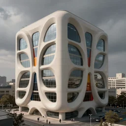 architectural photograph of a cubic high tech solarpunk building with smooth flowing sci - fi streamlined cuts on the facade, off white with colorful cuts designed by selgascano, standing out within a grey urban area in background