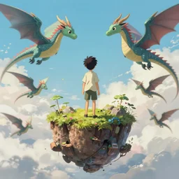 boy in the floating island with flyling dragons around in ghibli artstyle, high detal, smooth, 8k, anime style