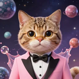 upper body portrait of male anthropomorphic cat in a pink tux, in the style of zootopia, spheres and galaxies and cosmos, realistic, trending on artstation, hard focus, depth of field, cinematic composition, physics splashes of colors, highly detailed
