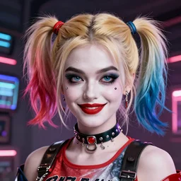 lofi biopunk portrait of harley quinn, cyberpunk background, smooth face makeup, Pixar style, by Tristan Eaton Stanley Artgerm and Tom Bagshaw.