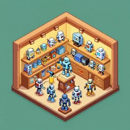 isometric view of a store that sells robots, from a lucasarts point and click 2 d graphic adventure game, art inspired by thomas kinkade