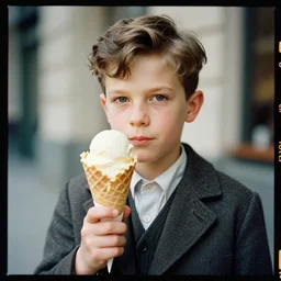 kodak portra 4 0 0, 8 k, highly detailed, britt marling style 3 / 4 photographic close, medium format, press award winning colour portrait of a handsome boy shows a waffle ice cream to the camera, up face with 1 9 2 0 s hairstyle, 1 9 2 0 s clothing style, asymmetrical, hasselblad x 1 d - 5 0 c, 1 0 0 mm f 1. 8, soft light