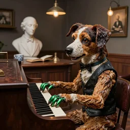 beautiful studio photograph of a surrealist assemblage of rolf the dog playing piano with his green metal fingers at a saloon, sculpted by ron mueck and matthew barney and rene magritte, hysterical realism intense cinematic lighting shocking detail 8 k