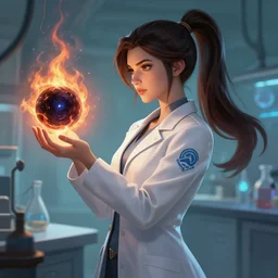 a league of legends concept art of a beautiful young female scientist in a laboratory holding a blazing black hole, style by jordan grimmer and greg rutkowski, side view, ponytail, elegant, sharp focus, morandi color scheme, illustration, high quality, highly detailed, digital art, 4 k wallpaper, hyperrealism