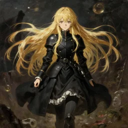 baroque oil painting japanese light novel moody battlefield environment concept full body illustration anime key visual action shot | young girl black military crusader maid with long flowing blonde hair | symmetrical perfect face fine detail delicate features quiet gaze | lotr grimdark kuudere dynamic lighting bokeh | pixiv fanbox | greg rutkowski makoto shinkai takashi takeuchi studio ghibli