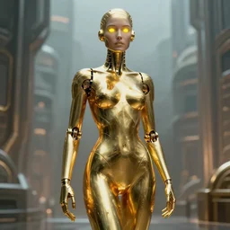 maria of metropolis, the golden humanoid robot, beautiful face, full length portrait, scifi, fritz lang, futuristic, raytracing, dreamy, yellow neon cyborg eyes, sharp focus, cinematic lighting, highly detailed, artstation, divine, by gauthier leblanc, kazuya takahashi, huifeng huang