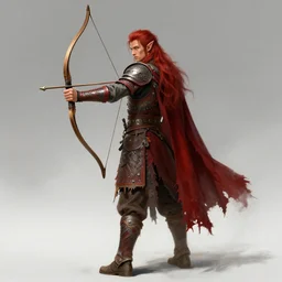 elven archer with long red hair holding a bow, wearing elven tribal ornamented armor, red ragged cape, full body concept, beksinski, weta workshop concept art, ruan jia