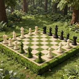 a huge chess board in the woods. Pieces are the size of people and made of carved hedges. Photorealistic. Beautiful. Playful. Fantasy.