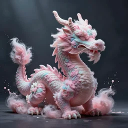 a dramatic photo of a dragon made of cotton candy. paint splashes. moody and melancholy.