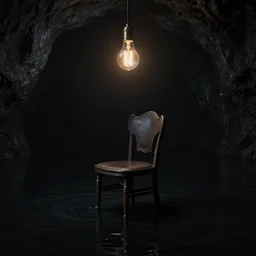 beautiful matte painting, chair under an edison bulb in empty black space, infinite black cave lake, flikr, steampunk, extreme contrast, sunken in black water, void