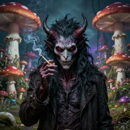 a centered chest up portrait of a psychedelic demonic anthropomorphic windigo smoking a hand - rolled cigarette smoking heavily, magic mushroom village in background. award winning. superb resolution. in the art style of junji ito and greg rutkowski. detailed mushroom city in background. hyper realistic anime. perfect art. dalle 2