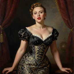 scarlett johansson dressed in pin up style, ultra detailed, beautiful, decolte, by greg hildebrandt fancy rococo baroque oil painting high quality clothed in fancy garb in pin up style