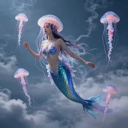 Full body photo of the most beautiful goddess, she has a jellyfish head and a siren body, some tentacles are touching her, she flying to heaven through the clouds, she is swimming and leading some chrysaora hysoscella with smoke behid her, by Tooth Wu, trending on Artstation, digital art, symmetrical artwork, cinematic, hyper realism, high detail, octane render, 4k, 8k
