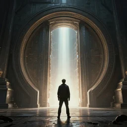 a man standing in front of a giant portal, a detailed matte painting by viktor madarasz, featured on cgsociety, fantasy art, reimagined by industrial light and magic, anamorphic lens flare, concept art