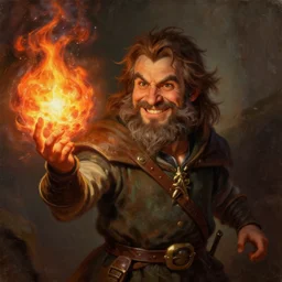 beautiful portrait painting of a very short and small male halfing bard with brown hair with some grey hairs, full beard, ridiculous smile, from pathfinder, evil smirk, narcissist, self centered, casting fireball, painted by larry elmore, wayne reynolds, greg rutkowski, magic the gathering, dungeons and dragons, dishonored 2
