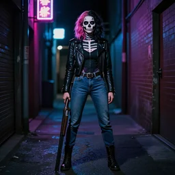 in the style of artgerm, Samara Weaving with skull paint on her face, jeans, boots, holding a shotgun, standing in a dark alley, night, neon