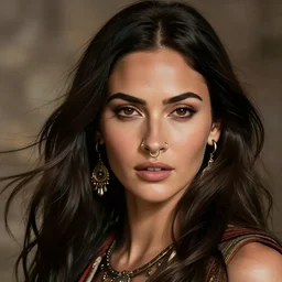 indian warrior, megan fox, detailed perfect face, exquisite details, nose ring piercing!!!!, wind magic, mid view, design on a white background, by studio muti, greg rutkowski makoto shinkai takashi takeuchi studio ghibli