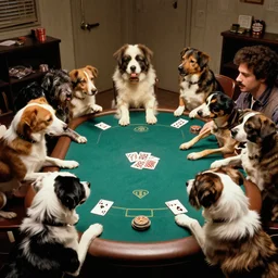 a photograph of a group of random dogs playing poker in a basement in the 80's.