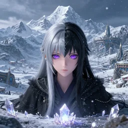 beautiful Himalayan sci-fi princess with purple cat-eyes, silver and black hair split, glowing crystals on the ground, somber, scene of a blizzard on the mountain overlooking a futuristic village, 8k hdr pixiv dslr photo by Makoto Shinkai and Wojtek Fus, 3d realisitc anime, final fantasy 14 style