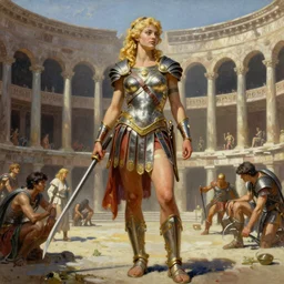 A mixed media painting of a beautiful blonde warrior goddess in a coliseum, roman legionary armor, very aesthetic, curvy, detailed face and eyes, by Frank Frazetta, Boris Vallejo, Greg Rutkowski, Beeple, Yoko Taro, Christian MacNevin, epic fantasy character art, roman numerals, high fantasy, CGsociety, full length, exquisite detail, post-processing, masterpiece, cinematic, coliseum backdrop