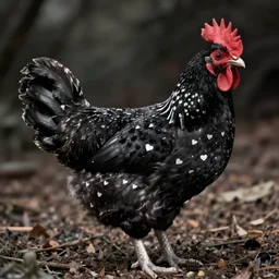 a newly discovered breed of chicken with black feathers that is spotted with small white hearts