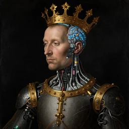 a portrait of cyborg king connected to a brain-machine interface by Jan van Eyck, renaissance style