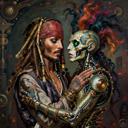 dead cyborg Genesis P-Orridge from Psychic TV as Jack Sparrow embraced by passion, full body portrait, insane avant-garde professional hair style, dramatic hair color, fully tattoed mechanical snake skin, emerald eyes, amber jewels, ornate clothing, baroque digital painting, epic cinematic, steampunk sci-fi, psychedelic, realistic, hyperdetailed, chiaroscuro, concept art, art by Jon Foster and Michael Whelan and Amano and Karol Bak
