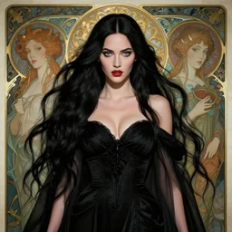 new art nouveau portrait of fantasy succubus megan fox wearing a black gown in the style of anna dittmann, patrick nagle, charlie bowater and loish. long windblown hair, very large, clear, expressive, and intelligent eyes. symmetrical, centered, ultrasharp focus, dramatic lighting, photorealistic digital matte painting, intricate ultra detailed background.